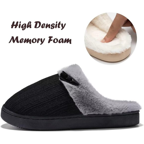 Women's Black Gray Scuff Faux Fur Lining Memory Warm Foam Plush Slippers Shoes - Picture 5 of 8